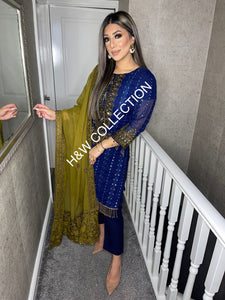 3pc NAVY Embroidered Shalwar Kameez with Olive Chiffon dupatta Stitched Suit Ready to wear AN-NAVYOLIVE