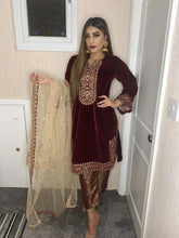 Load image into Gallery viewer, 3pc Maroon Pakistani Velvet Embroidered Shalwar Kameez Stitched Suit Ready to wear
