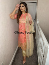 Load image into Gallery viewer, 3pc Embroidered Pink frock with gold trouser and dupatta Net Shalwar Kameez Stitched Suit Ready to wear
