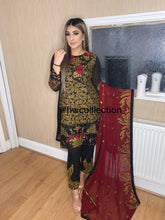 Load image into Gallery viewer, 3pc Black with Maroon Embroidered Shalwar Kameez with Stitched Suit Ready to wear
