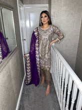 Load image into Gallery viewer, 3pc GREY Embroidered suit with purple chiffon dupatta Embroidered Stitched Suit Ready to wear UQ-GREYPURPLE
