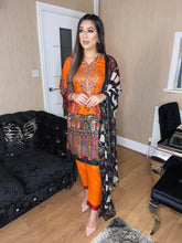 Load image into Gallery viewer, 3 pcs Stitched Orange lawn Suit with chiffon dupatta Ready to wear summer Wear
