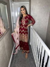 Load image into Gallery viewer, 3pc MAROON Shrara suit with pink chiffon dupatta Embroidered Stitched Suit Ready to wear JF-MAROONSHRARA
