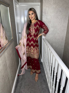 3pc MAROON Shrara suit with pink chiffon dupatta Embroidered Stitched Suit Ready to wear JF-MAROONSHRARA