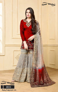 3PC  Shalwar Kameez Fully Stitched Red&Grey Shrara Collection Ready to wear Shrara Nazakat NX Red