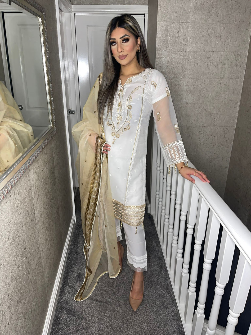 3pc White net with Gold Embroidery Shalwar Kameez with Gold Organza Dupatta Ready to wear suit HW-WHITEGOLD