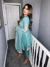 Load image into Gallery viewer, 3pc Sea Blue chiffon Embroidered Shalwar Kameez with Chiffon Dupatta Stitched Suit Ready to wear UQ-SEABLUE
