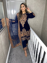 Load image into Gallery viewer, 3pc Navy Velvet Embroidered Shalwar Kameez Stitched Suit Ready to wear LIB-NAVYVELVET

