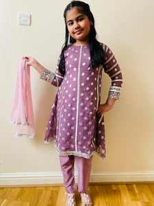 3pc Purple kids chiffon Embroidered Shalwar Kameez with Chiffon dupatta Suit Ready to wear PK-KPURPLE