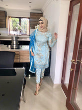 Load image into Gallery viewer, 3pc Embroidered Blue Organza Shalwar Kameez Stitched Suit Ready to wear
