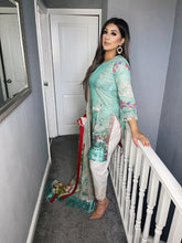 Load image into Gallery viewer, 3 pcs Stitched Sea Green and White lawn shalwar Suit Ready to Wear with chiffon dupatta MB-2115A
