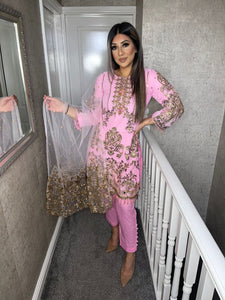 3pc PINK Embroidered Shalwar Kameez with Net dupatta Stitched Suit Ready to wear HW-PINK