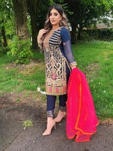 Load image into Gallery viewer, 3pc Navy Embroidered suit with Pink Net dupatta Embroidered Stitched Suit Ready to wear
