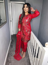 Load image into Gallery viewer, 3PC Red Chiffon Embroidered suit with Chiffon Embroidered dupatta Stitched Ready to wear UQ-RED
