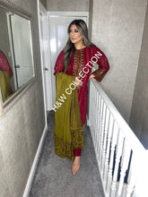 Load image into Gallery viewer, 3pc Maroon Embroidered Shalwar Kameez with Olive Chiffon dupatta Stitched Suit Ready to wear AN-MAROONOLIVE
