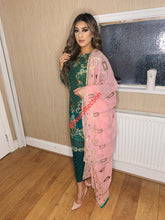 Load image into Gallery viewer, 3pc Green Embroidered Shalwar Kameez with Pink Embroidered Dupatta Stitched Suit Ready to wear
