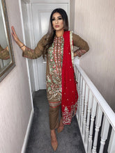 Load image into Gallery viewer, 3pc Brown chiffon Embroidered Shalwar Kameez with Chiffon Embroidered Dupatta Stitched Suit Ready to wear
