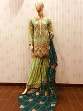 Load image into Gallery viewer, 3pc Green Shrara suit with Dark Green chiffon dupatta Embroidered Stitched Suit Ready to wear
