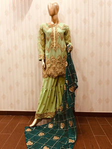 3pc Green Shrara suit with Dark Green chiffon dupatta Embroidered Stitched Suit Ready to wear