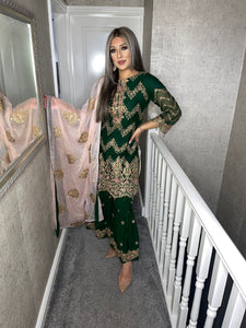 3pc GREEN Shrara suit with pink chiffon dupatta Embroidered Stitched Suit Ready to wear JF-GREENSHRARA