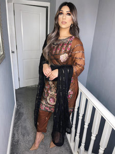 3pc Dark Brown chiffon Embroidered Shalwar Kameez with Black Chiffon Dupatta Stitched Suit Ready to wear UQ-BROWNBLACK