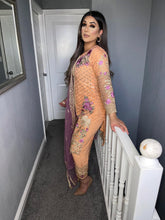 Load image into Gallery viewer, 3pc Peach chiffon Embroidered Shalwar Kameez with purple Chiffon Dupatta Stitched Suit Ready to wear UQ-PEACHPURPLR

