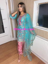 Load image into Gallery viewer, 3pc Ferozi Embroidered Shalwar Kameez with Pink Embroidered trouser Stitched Suit Ready to wear
