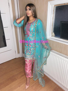 3pc Ferozi Embroidered Shalwar Kameez with Pink Embroidered trouser Stitched Suit Ready to wear