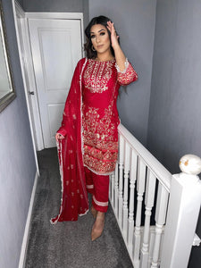 3 pcs Stitched Red Pink lawn shalwar Suit Ready to Wear with chiffon dupatta AJ-D01