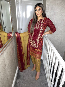 3 pcs Stitched Maroon shalwar Suit Ready to wear lawn summer Wear with chiffon dupatta JF-MAROONLAWN
