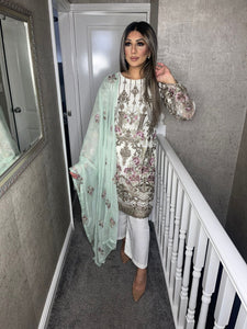 3pc WHITE Embroidered Shalwar Kameez with MINT Chiffon dupatta Stitched Suit Ready to wear HW-WHITEMINT