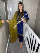 Load image into Gallery viewer, 3pc NAVY Embroidered Shalwar Kameez with Olive Chiffon dupatta Stitched Suit Ready to wear AN-NAVYOLIVE
