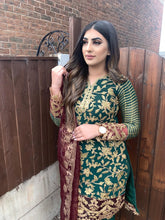 Load image into Gallery viewer, 3pc Green Embroidered With Maroon Dupatta Stitched Suit Ready to wear
