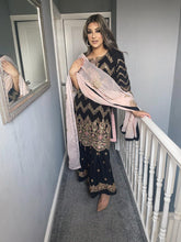 Load image into Gallery viewer, 3pc Black Shrara suit with pink chiffon dupatta Embroidered Stitched Suit Ready to wear PHK-BLACKSHRARA
