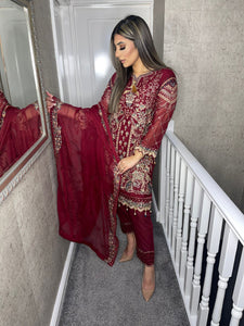3pc Maroon Embroidered suit with chiffon Embroidered Dupatta Stitched Suit Ready to wear HW-2003