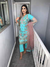 Load image into Gallery viewer, 3pc Blue Embroidered Shalwar Kameez with light brown net dupatta Stitched Suit Ready to wear
