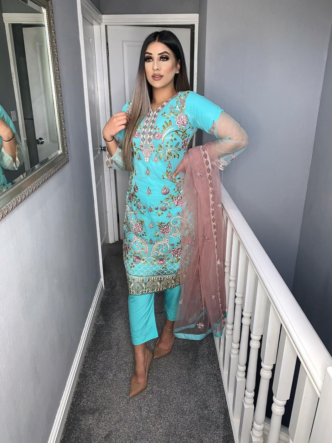 3pc Blue Embroidered Shalwar Kameez with light brown net dupatta Stitched Suit Ready to wear