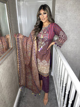Load image into Gallery viewer, 3 pcs Brown purple Lilen shalwar Suit Ready to Wear with chiffon dupatta winter AK-43
