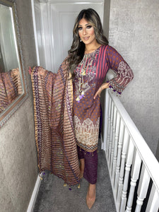 3 pcs Brown purple Lilen shalwar Suit Ready to Wear with chiffon dupatta winter AK-43