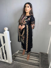 Load image into Gallery viewer, 3pc Black chiffon Embroidered Shalwar Kameez with Chiffon Dupatta Stitched Suit Ready to wear UNQ-BLACK
