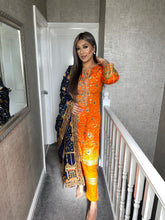 Load image into Gallery viewer, 3 pcs Stitched lawn Orange shalwar Suit Ready to Wear with Dark Blue Lawn dupatta OB-ORANGEBLLUE
