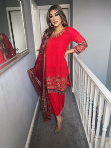 3pc RED Embroidered Shalwar Kameez with Maroon Chiffon dupatta Stitched Suit Ready to wear KHA-RED