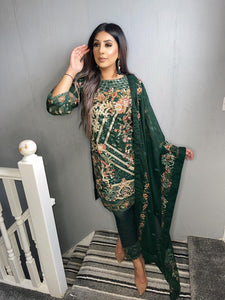 3pc Dark Green Embroidered suit with chiffon dupatta Embroidered Stitched Suit Ready to wear HW-DARKGREEN
