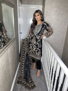 3pc BLACK Embroidered Shalwar Kameez with ORGANZA dupatta Stitched Suit Ready to wear HW-BLACK01