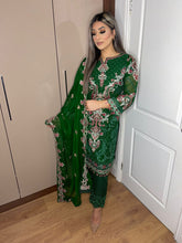 Load image into Gallery viewer, 3pc Green Embroidered Shalwar Kameez with Chiffon dupatta Stitched Suit Ready to wear HW-1733
