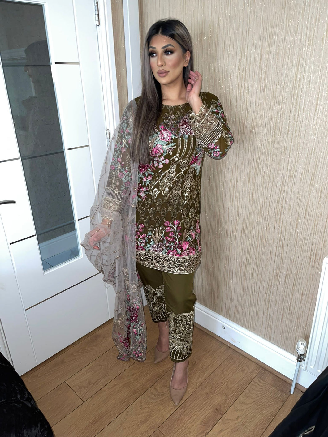 3pc OLIVE Embroidered Shalwar Kameez with Organza Dupatta Stitched Suit Ready to wear HW-UQOLIVE