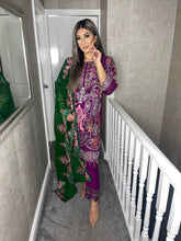 Load image into Gallery viewer, 3pc Purple Embroidered Shalwar Kameez with Green Chiffon dupatta Stitched Suit Ready to wear HW-PURPLEGREEN
