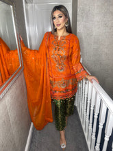 Load image into Gallery viewer, 3pc ORANGE Embroidered Shalwar Kameez with Green trouser and Chiffon dupatta Stitched Suit Ready to wear HW-1890
