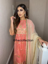 Load image into Gallery viewer, 3pc Embroidered Pink frock with gold trouser and dupatta Net Shalwar Kameez Stitched Suit Ready to wear
