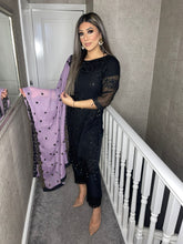 Load image into Gallery viewer, 3pc Black with Lilac Chiffon Dupatta Shalwar Kameez Stitched Suit Ready to wear AN-BLACKLILAC

